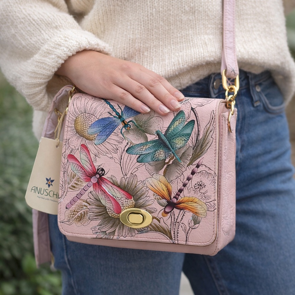 Authentic Anuschka Hand-Painted Leather Dragonfly Crossbody Bag